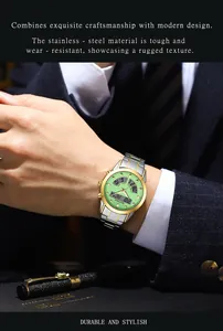 Detail view of the BESTWIN dual-display men's watch with stainless steel strap on wrist