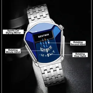 Professional BESTWIN diamond-shaped quartz men's wristwatch with a sporty blue glass mirror