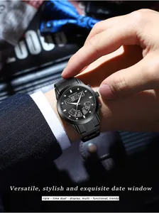 Close-up view of a premium black dual-display quartz watch with a stainless steel strap