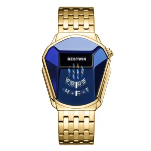 BESTWIN luxury gold quartz watch with diamond-shaped case and blue crystal dial