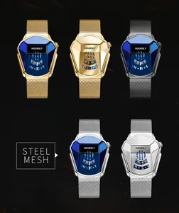 Detailed showcase of multiple HOURSLY snake-head quartz watches with steel mesh straps.