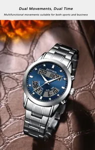 Business sports dual movement quartz watch with blue dial and stainless steel strap