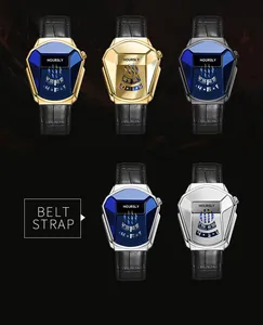 Detail showing five color variants of triangular quartz watches with leather straps.