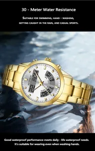Detail of gold dual-display men's watch highlighting 30m water resistance features