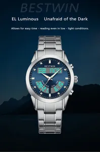 Detail of dual movement men's watch with EL luminous backlight and stainless steel strap