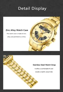 Macro detail of luxury gold men's watch featuring a zinc alloy case and stainless steel strap