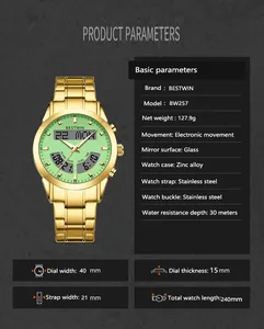 Men's dual movement quartz watch with gold stainless steel strap and green dial detail