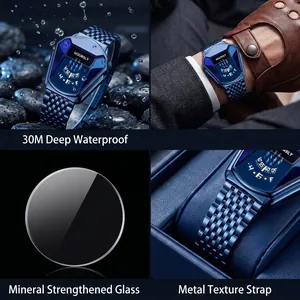 Hoursly men's quartz watch with unique blue snakehead case and metallic strap detail
