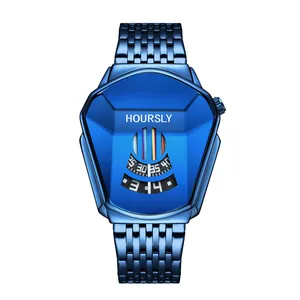 Hoursly men's blue quartz watch with unique snake head design and rotating disc display