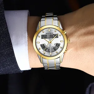 Men's luxury dual movement quartz digital watch with silver and gold stainless steel strap
