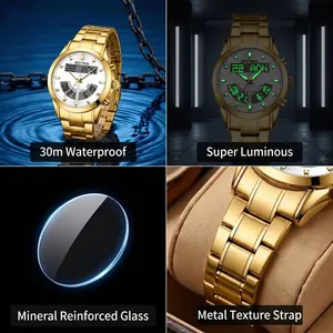 Gold stainless steel men's watch with dual quartz digital movement and luminous display