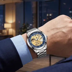 Montre à quartz pour hommes avec bracelet en acier et cadran bleu style squelette