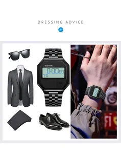 Elegante Bestwin Herren Digitaluhr kombiniert mit formellem Anzug und Lederschuhen.
