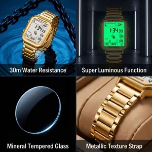 Montre de sport numérique carrée dorée avec podomètre et étanchéité jusqu'à 30m
