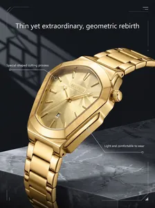 Vue détaillée de la montre à quartz pour hommes BESTWIN dorée au design géométrique unique.