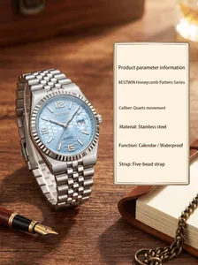 Business-Quarzuhr mit blauem Waben-Zifferblatt und Stahl-Gliederarmband