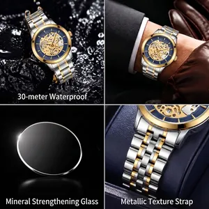 Montre à quartz squelette de luxe pour homme avec bracelet bicolore en acier inoxydable