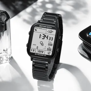 Montre de sport numérique noire Bestwin pour hommes avec podomètre 3D et bracelet métal