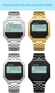 Set digitaler quadratischer Uhren in Gold, Silber und schwarzem Edelstahl-Finish.