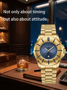 Detailed view of BESTWIN golden men's watch with blue dial in a luxury office setting