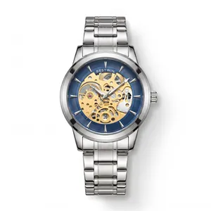Élégante montre à quartz pour hommes style squelette avec cadran bleu et bracelet acier