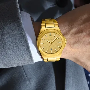 Luxury gold men's quartz watch with business style and octagonal steel strap