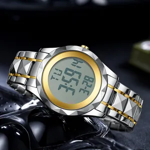 Montre numérique élégante pour homme avec bracelet articulé argenté et doré de style chic