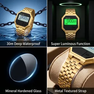 Bestwin Herren Digitaluhr in Gold, 30m wasserdicht, leuchtend mit edlem Metallarmband