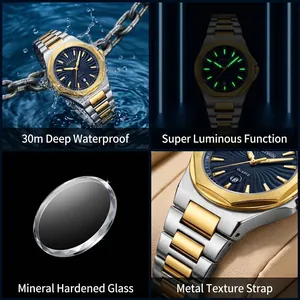 Men's business quartz watch with two-tone steel band and luminous dial
