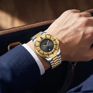 Fashionable men's quartz watch with snake pattern bezel and two-tone steel strap