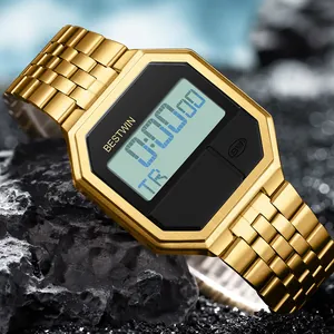 Herren-Business-Digitaluhr aus goldenem Edelstahl mit quadratischem Zifferblatt und LED