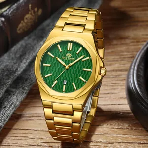 Luxury men's gold stainless steel quartz watch featuring a textured green octagonal dial