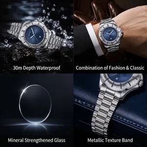 Professional men's quartz watch with snakeskin textured bezel and blue dial, 30m waterproof