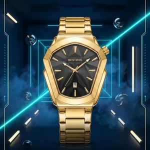 Montre à quartz géométrique dorée de luxe BESTWIN avec cadran noir texturé et calendrier