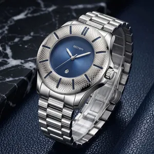 Luxury men's silver quartz watch featuring textured blue dial and date display