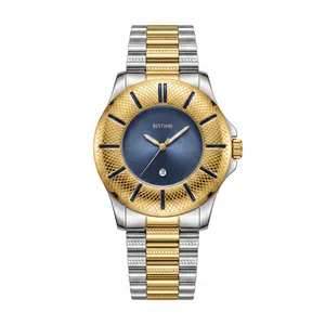Professional luxury two-tone men's quartz watch with blue dial and textured gold bezel