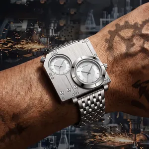 Montre homme carrée BESTWIN industrielle avec affichage double fuseau horaire et bracelet acier