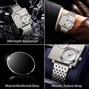 Montre à quartz carrée pour homme avec double fuseau horaire et bracelet en acier, 30m