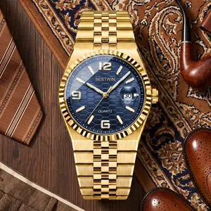 Luxuriöse goldene Herren-Business-Quarzuhr aus Edelstahl mit blauem Waben-Zifferblatt