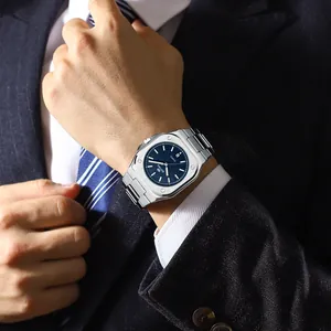 Ανδρικό ρολόι BESTWIN quartz με ασημί μεταλλικό λουράκι και μπλε τετράγωνο καντράν