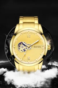 Montre mécanique automatique squelette dorée de luxe pour homme avec détails cadran