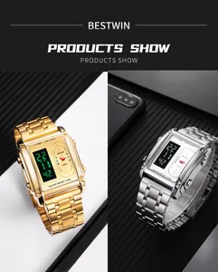 Detailed view of the BESTWIN square men's watch featuring dual LED and analog display