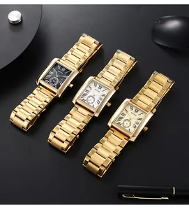 Drei goldene BESTWIN Herrenquarzuhren mit quadratischem Zifferblatt in Schwarz und Gold.