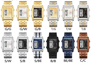 Close-up of BESTWIN square dual display men's quartz watches showing twelve color variations