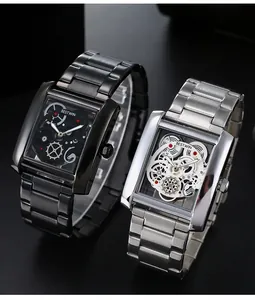 Close-up of square skeleton quartz watches for men with black and silver steel bands
