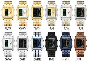 Twelve color variations of BESTWIN men's square dual display quartz LED watches.