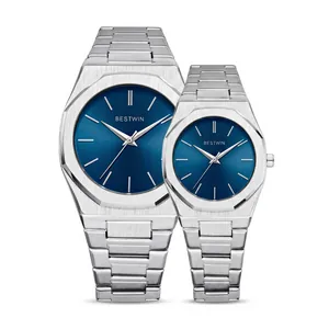 Par de relojes BESTWIN de acero inoxidable con esferas azules y bisel octogonal