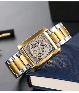 Detail shot of BESTWIN men's square skeleton quartz watch with two-tone steel band