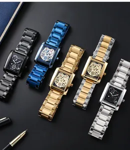 Detailed macro view of square skeleton quartz watches for men in five stylish colors.