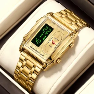 BESTWIN Men Fashion Square Dual Display Wristwatch Stainless Steel Strap LED Digital Quartz Watch Water Resistant Sport Watch